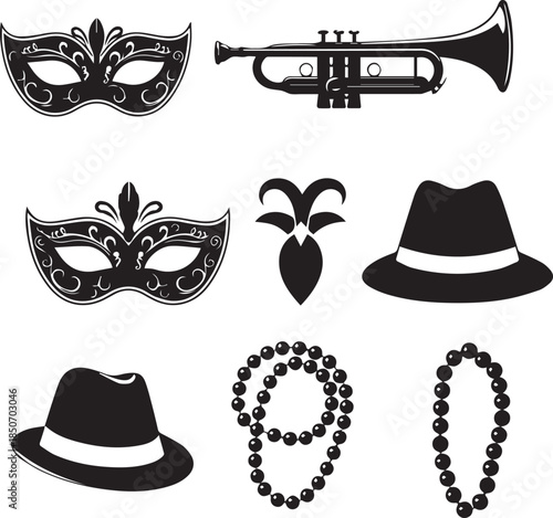 Mardi gras celebration icons with masks trumpet hats and beads