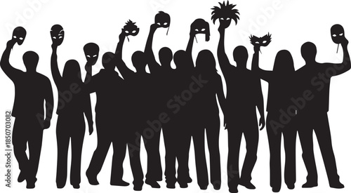 Silhouette of a diverse group of people raising their hands and hats in celebration