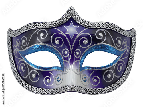 Venetian mask with purple star and silver swirls white transparent png