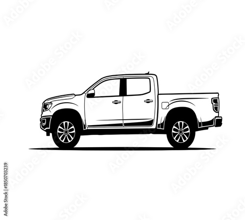 A striking black and white side view illustration of a modern pickup truck with detailed features