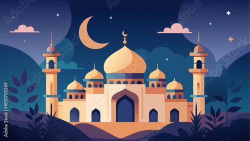 Illuminated mosque under moonlit night