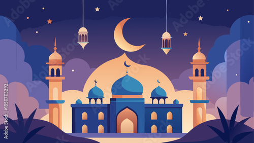 Illuminated mosque under moonlit night