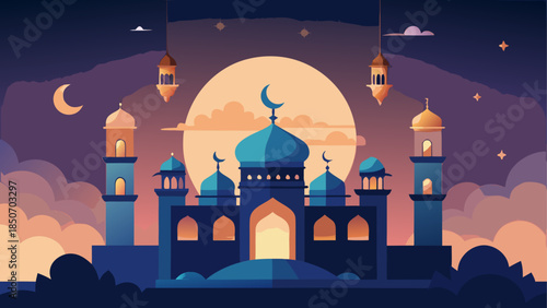 Illuminated mosque under moonlit sky