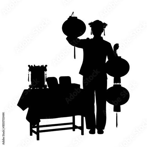 Smiling young woman in traditional clothing stands near an altar decorated with lanterns and offerings.
