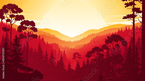 Atmospheric stylized forest panorama with rolling hills and towering trees bathed in the radiant glow of a beautiful red sunset