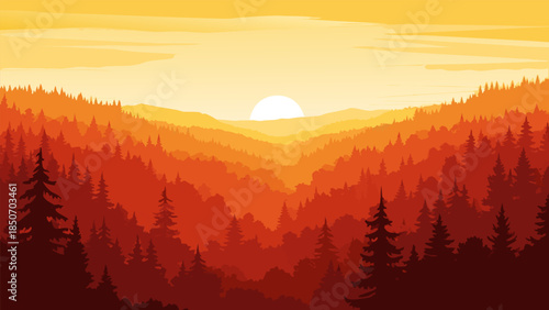 Vibrant vector illustration of a serene forest landscape at sunset, showcasing layered mountains and a warm golden sky, evoking natural beauty