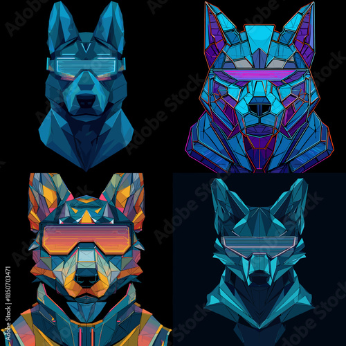 Futuristic wolf head illustrations with glowing neon accents and sharp geometric facets designed for cyberpunk branding gaming mascots and bold digital artwork.
