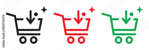shopping cart icon set in black, blue, and red colors. Suitable for modern online store buttons and checkout process visualizations.