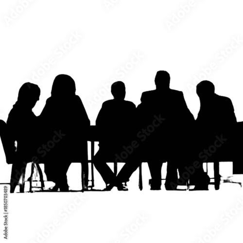 Silhouettes of a diverse group of business professionals in a meeting or discussion isolated on transparent background