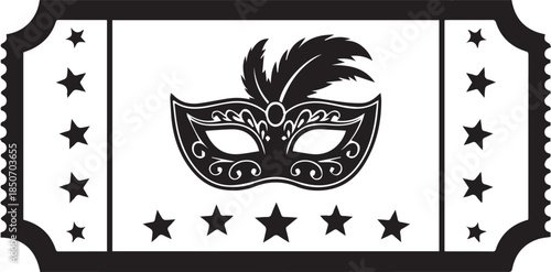 Black and white ticket with masquerade mask and stars