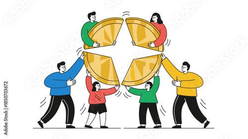 A dynamic team collaboratively assembles golden coin puzzle pieces, symbolizing shared investment, strategic partnership, and unified financial growth towards collective success