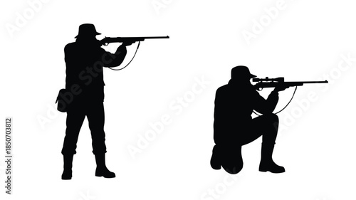 Silhouettes of two hunters aiming rifles in a dark minimalist scene