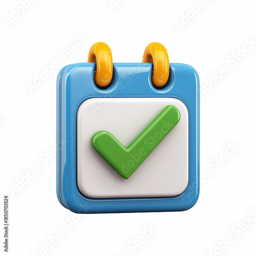 3D cartoon blue calendar icon with green check mark and golden rings, glossy schedule confirmation isolated on transparent background.
