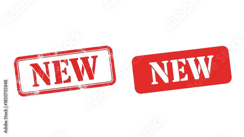 Two red new stamps isolated on a plain white background offering a clear message