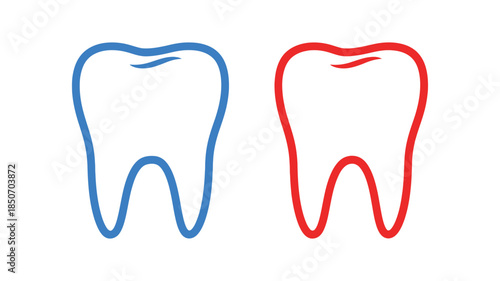Two stylized teeth one blue and one red are prominently displayed