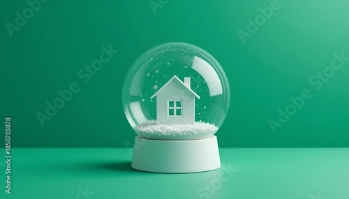 Miniature house in snow globe on dark base, green 3D render winter real estate