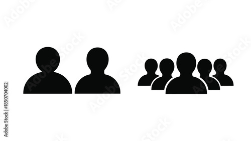 Simple black silhouettes depicting two individuals and a grouped cluster of people
