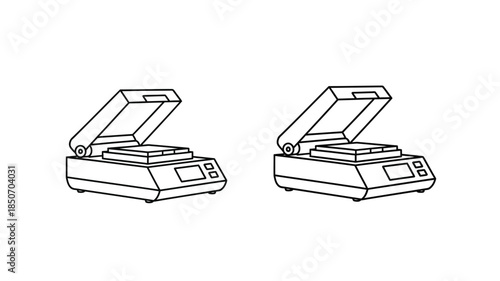 Two vintage record players simple line drawing isolated on a white background