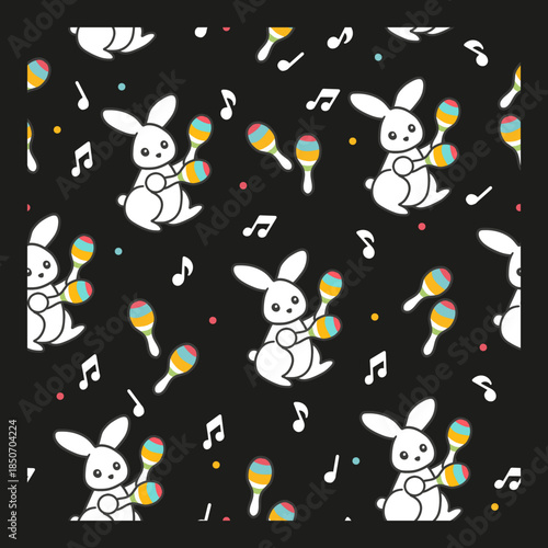 Cute White Rabbits and Colorful Maracas Pattern. Perfect for kid products, fabric prints, stationery, wrapping paper, and musical-themed designs.