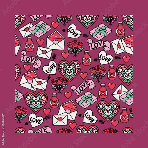 Heart Envelopes Gift Love Potion Romance Pattern. Perfect for romantic backgrounds, wedding designs, wrapping paper, digital scrap booking, and festive Valentine projects.