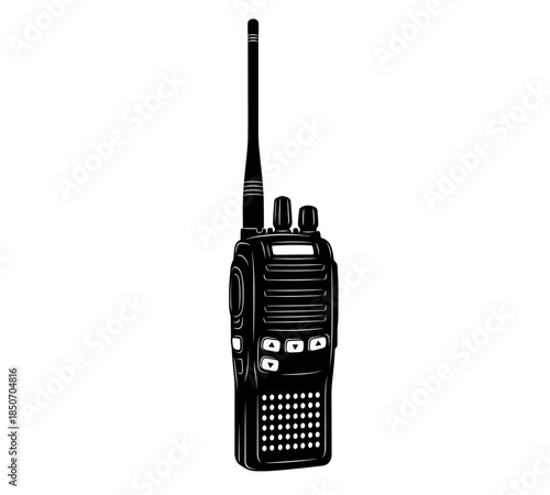A detailed black and white illustration depicts a handheld two way radio with antenna and multiple buttons