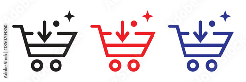 outline shopping cart icon set in black, blue, and red colors. Suitable for modern online store buttons and checkout process visualizations.
