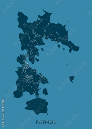 Map of Patmos Island, Greece. The island is depicted in a dark teal color against a lighter teal background. White lines trace the roads and pathways across the island.