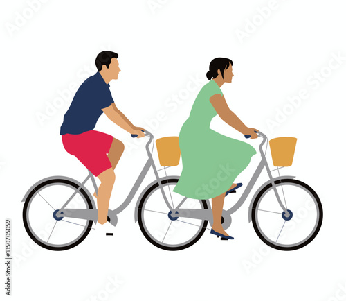 A happy couple rides bikes side by side, showcasing a carefree and adventurous spirit, symbolizing love, togetherness, and the joy of outdoor activities in a vibrant atmosphere.