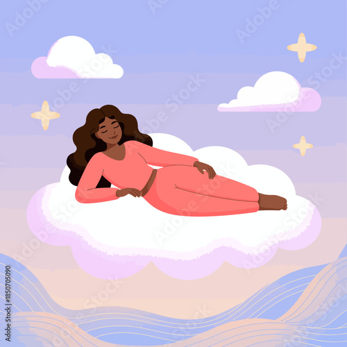 A serene depiction of a woman lying on a fluffy cloud, surrounded by a dreamy sky filled with soft colors, evoking a sense of tranquility, relaxation, and creative imagination.