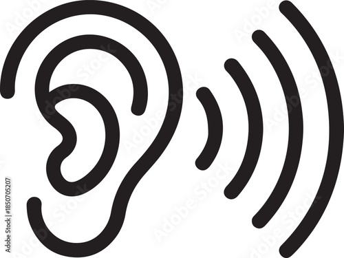 Black and White Line Art Icon of Human Ear and Sound Waves hearing listen
