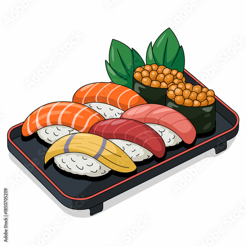 An appetizing assortment of sushi is beautifully presented on a black tray, highlighting different types, colors, and textures that showcase the art of Japanese cuisine in style.