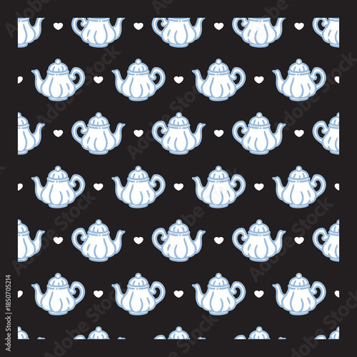 Charming Vintage Sweet Teapot Ceramic Pattern. Perfect for kitchen-themed designs, fabric prints, packaging, wallpaper, tea shop branding, and charming home decor projects.