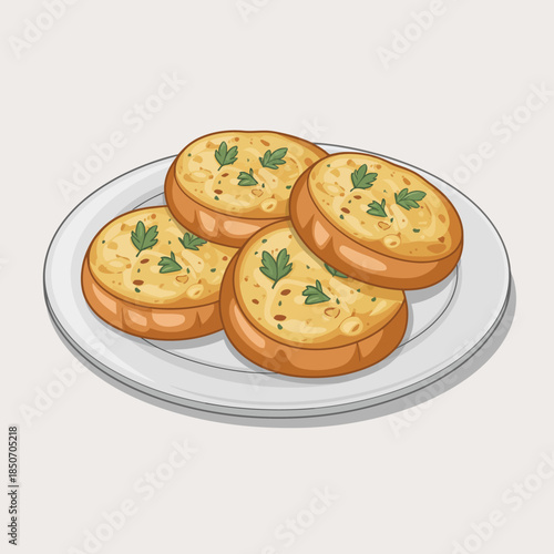 A tempting plate of garlic bread slices topped with fresh herbs presents an enticing appetizer, perfect for enjoying with meals or as tasty snacks at gatherings.