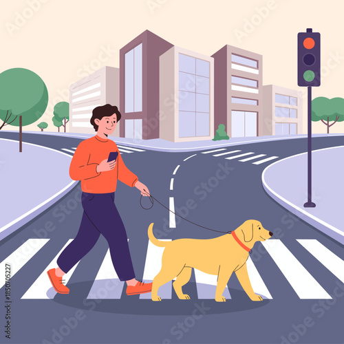 A young individual is leisurely walking their yellow dog across a pedestrian crosswalk in a modern urban environment with buildings in the background.