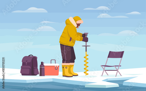 A person dressed in warm clothing is using an auger to drill a hole in a frozen lake, surrounded by winter scenery, showcasing the thrill of ice fishing activities.