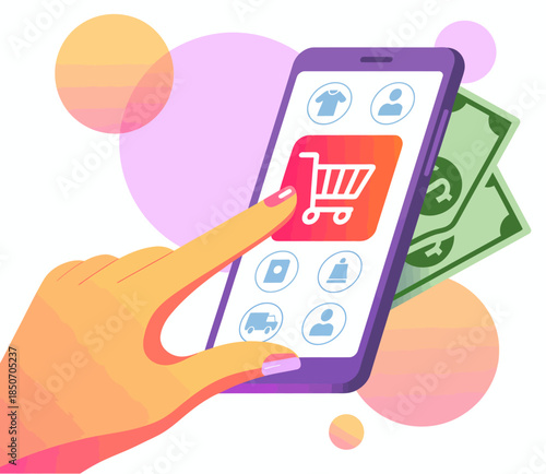 A hand is shown tapping a shopping app on a smartphone, surrounded by cash, symbolizing the modern convenience of online shopping and mobile commerce.