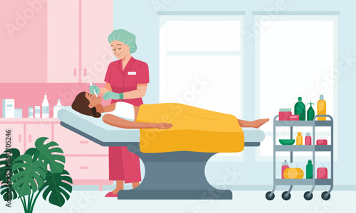 A woman receives a soothing facial treatment from a skilled professional, highlighting the importance of self-care, relaxation, and wellness in a tranquil spa environment.