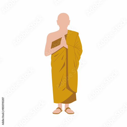 A serene monk dressed in traditional robes, stands with hands together in a gesture of prayer, embodying peace, tranquility, and mindfulness in a minimalist artistic style.