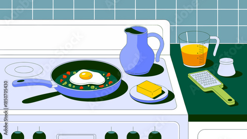 A bright and colorful kitchen scene featuring a frying pan with an egg, surrounded by fresh ingredients, epitomizing the joy of cooking and breakfast preparation.