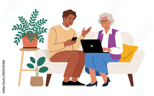 A heartwarming scene of a grandmother and grandson sitting together on a couch, engaged in conversation, symbolizing love, family, and intergenerational bonding.