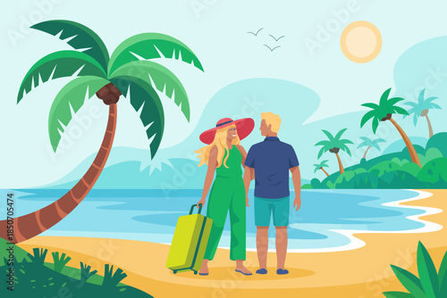A cheerful couple stands on a sunny beach, holding luggage, with palms swaying in the breeze, symbolizing love, adventure, and the joy of travel in a tropical paradise.