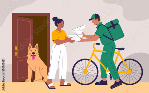 The image captures a delivery person handing food to a woman at her door, featuring a bicycle and a friendly dog, emphasizing convenience and community service.