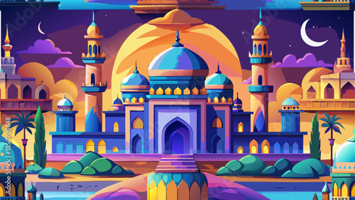 Illuminated mosque cityscape at dusk