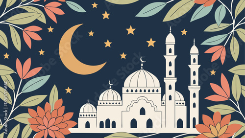 Illustrated mosque under night sky