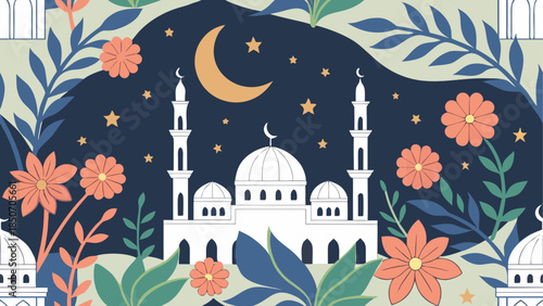 Nighttime mosque with floral surroundings