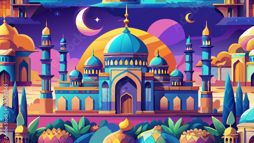 Illuminated mosque under moonlit sky