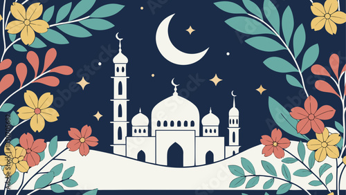 Nighttime mosque with floral surroundings