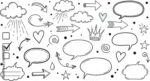 Hand drawn doodle elements isolated on white background sketchy arrows, speech bubbles, hearts, clouds, stars, crown, check box and swirls for design use