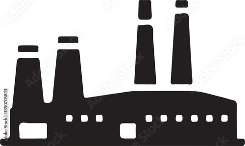 Black and white industrial building with multiple chimneys and windows factory