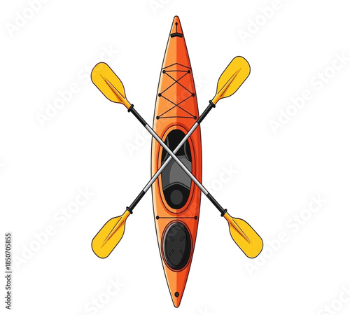 An overhead view of a bright orange kayak with a black cockpit and two yellow paddles crossed atop it